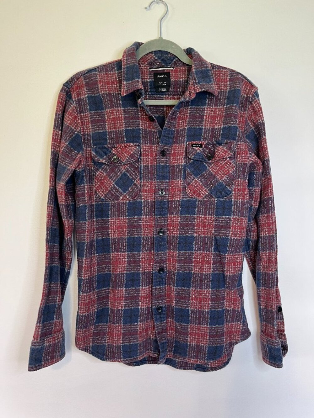 RVCA Maroon Blue Plaid Button Up Flannel